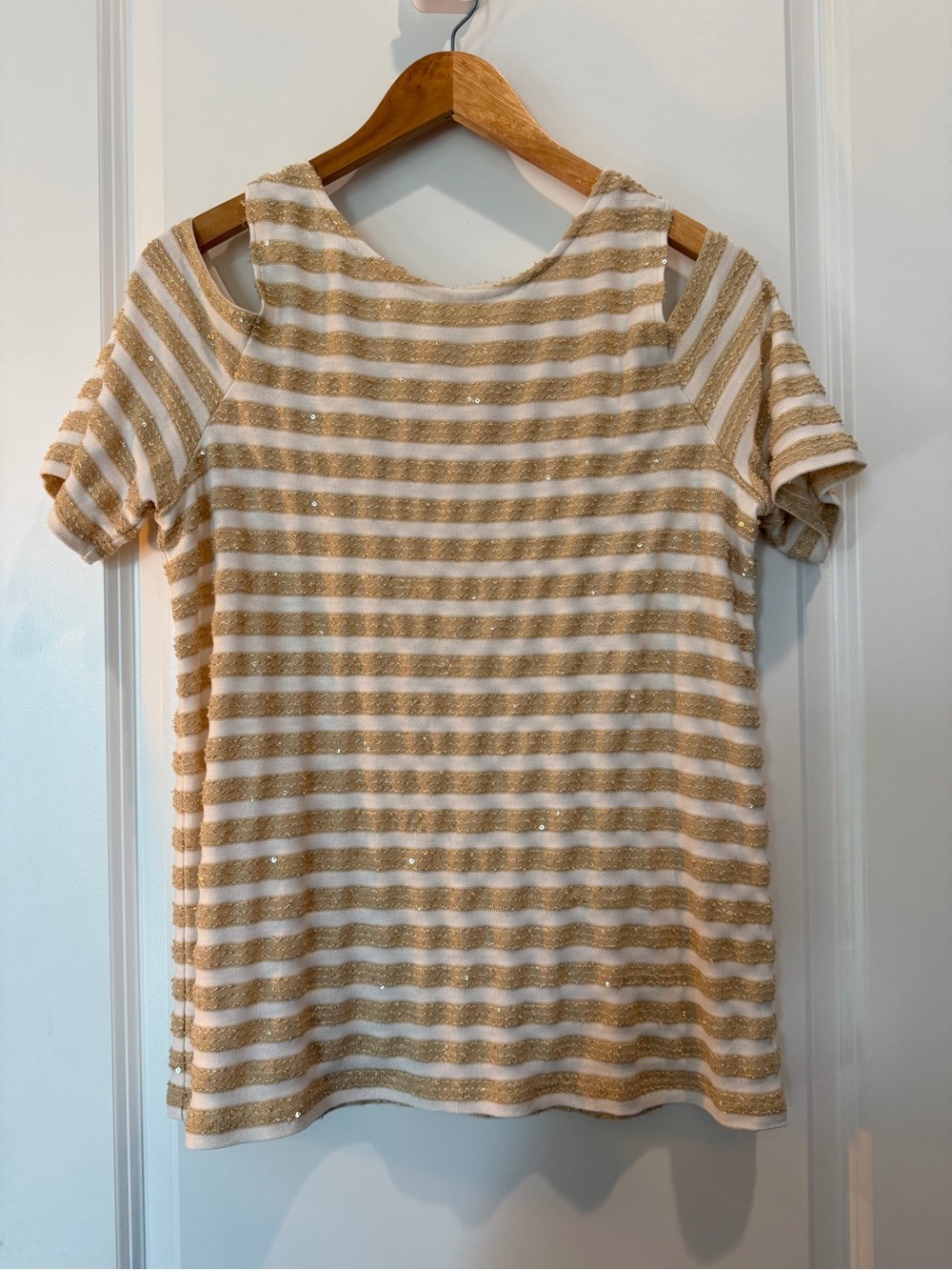 Chico’s Size 2 Gold White Sequin Stripe Cold Shoulder Knit Top